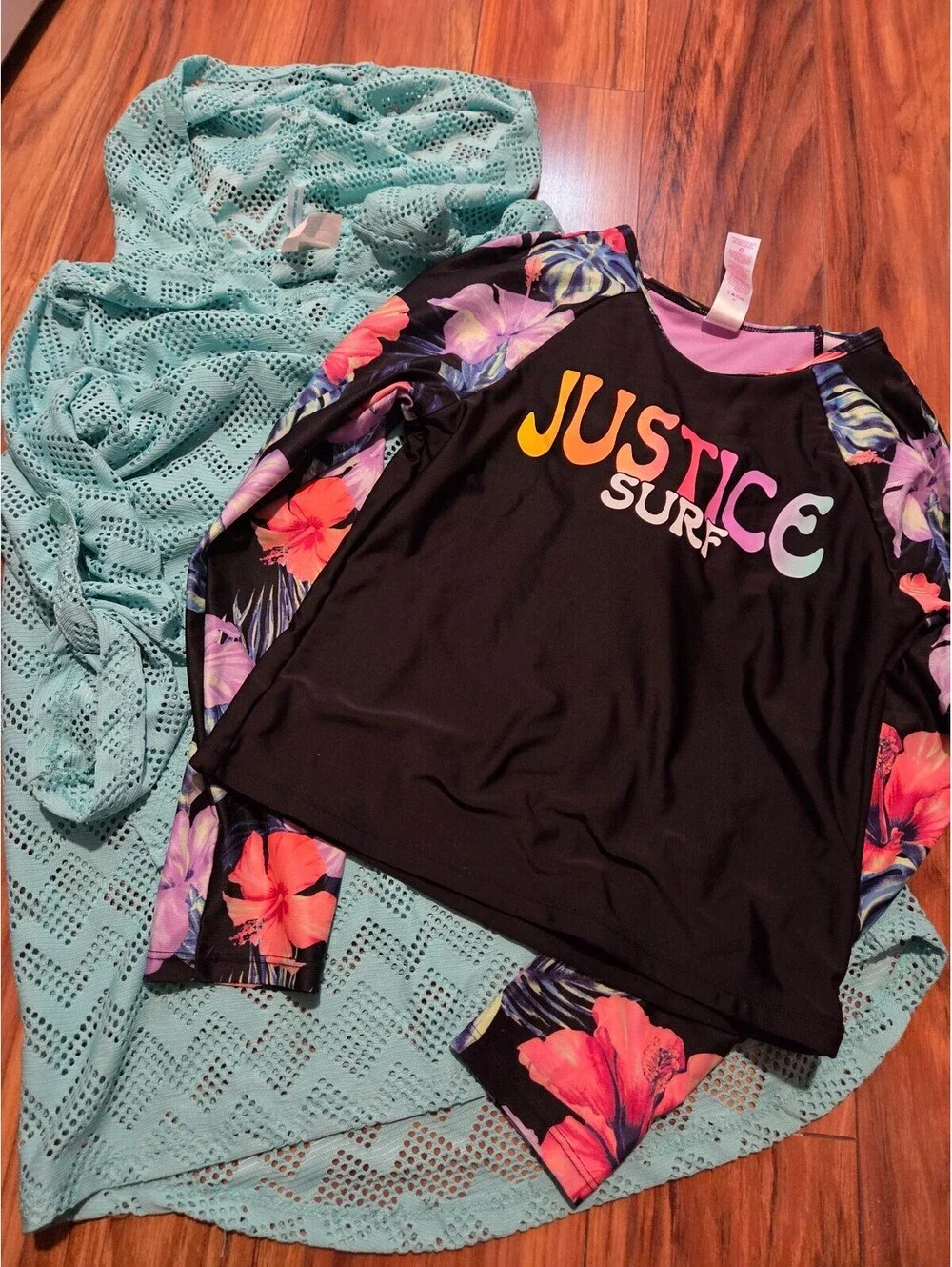 Justice Surf Long Sleeve Rash Guard and Aqua Cover-Up Dress Set